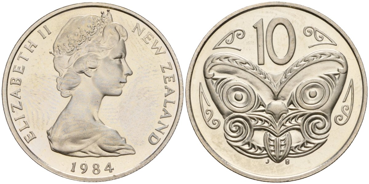 Новая Зеландия 10 центов 1984 Елизавета II (1952-2022), маска маори KM 41 медно-никель PROOF 3711-1513