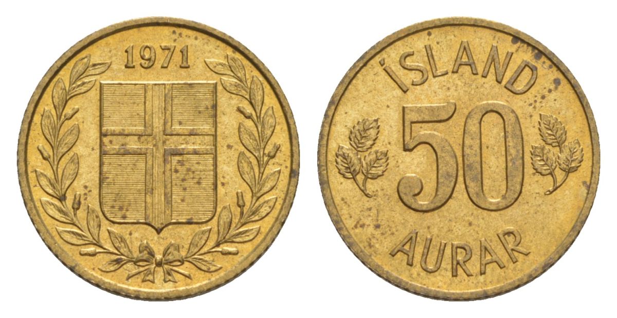 Исландия 50 эйре 1971 KM 17 никель латунь UNC 4632-954