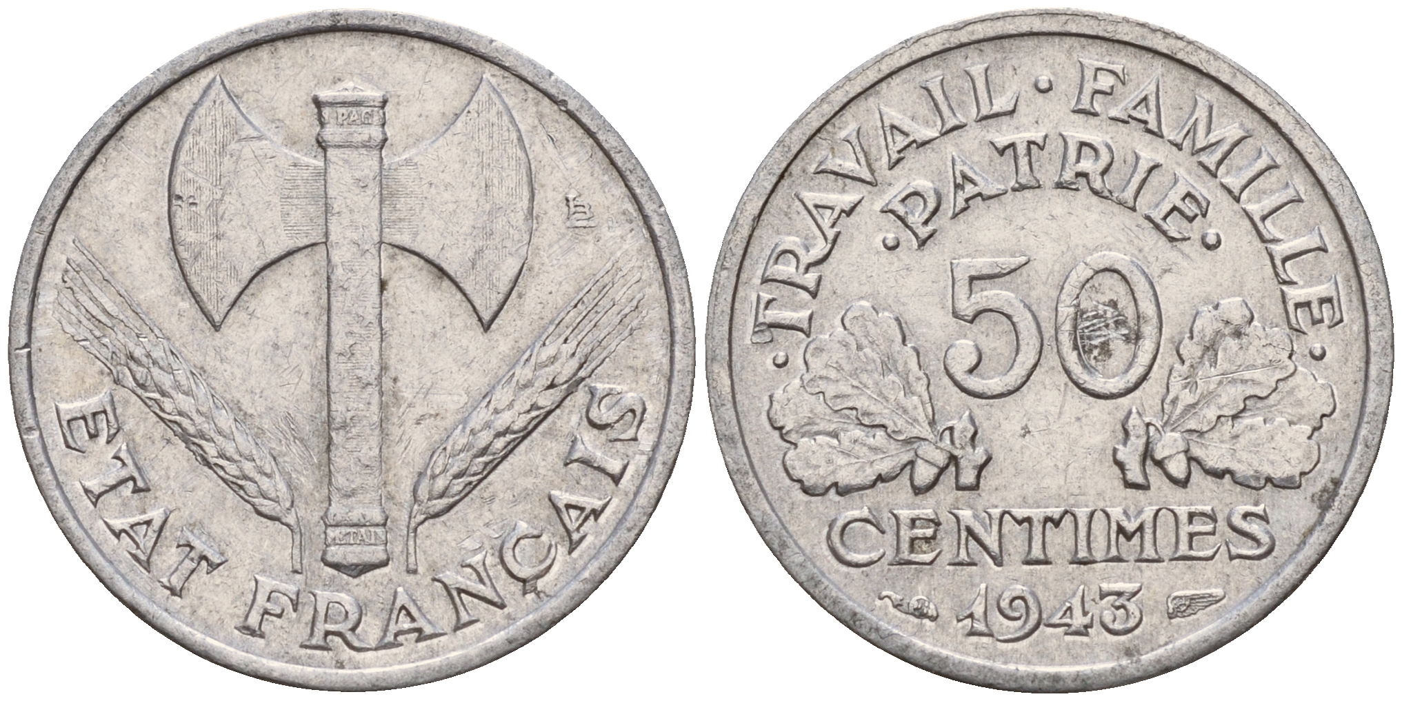 Франция 50 сантимов 1943 правительство Виши KM 914.1, LE FRANC 196.1 алюминий    4598-346