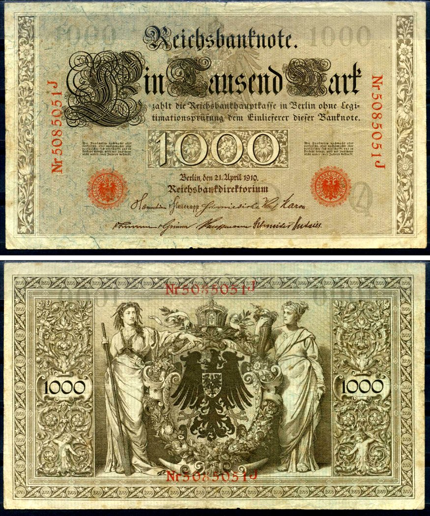 Германия 1000 марок 1910 21 апреля 1910, красная печать, номер семизначный, серия J, буква O, выпуск АПРЕЛЬ - ИЮЛЬ 1918 Pick 44 b бумага 2194-37-2-1