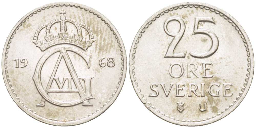 Швеция 25 эре 1968 U, Густав VI Адольф (1950-1973) KM 836 медно-никель 4516-464
