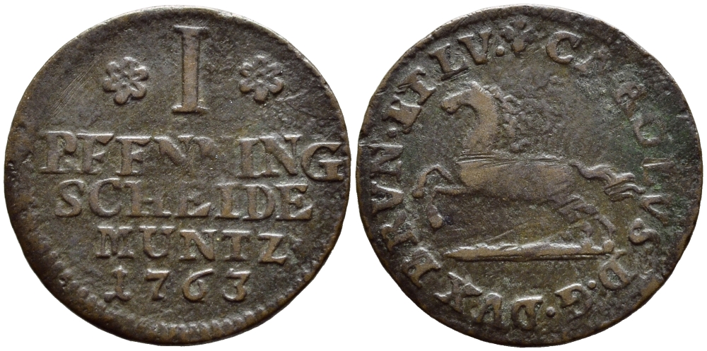 БРАУНШВЕЙГ-ВОЛЬФЕНБЮТТЕЛЬ 1 ПФЕННИГ 1763 KM 891 медь 4381-955