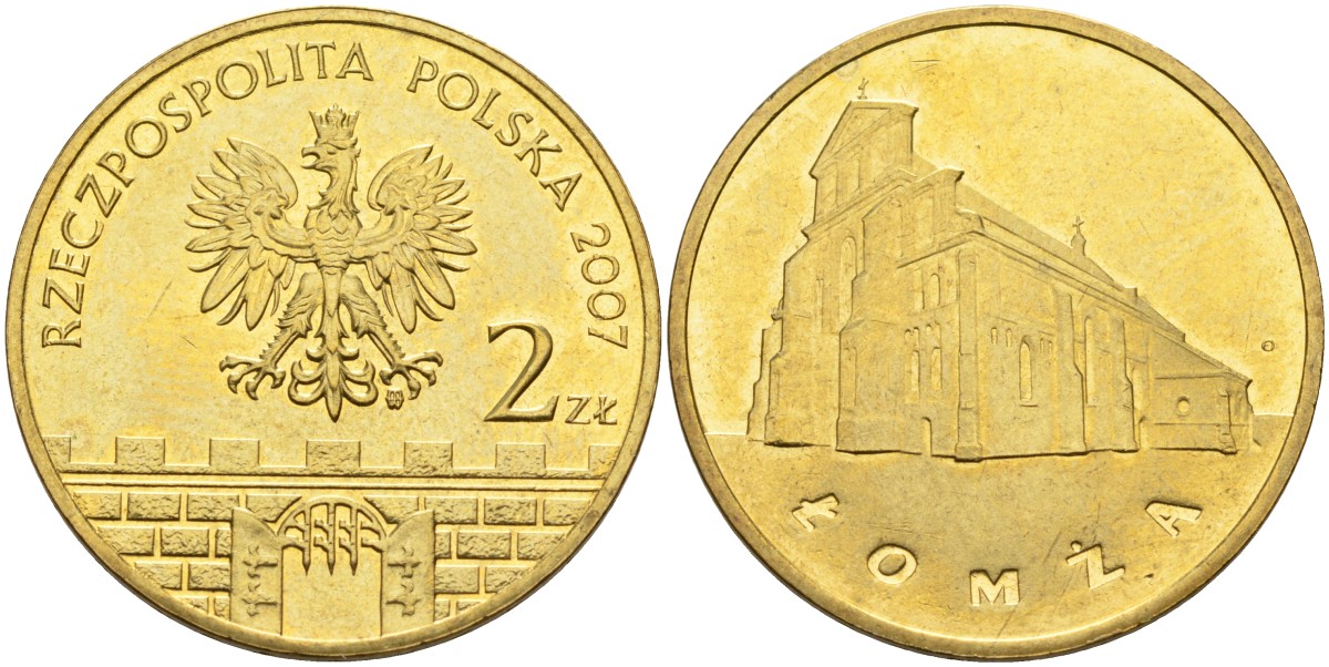 Польша 2 злотых 2007 MW, серия польские города, Ломжа (Lomza) KM 616 латунь 4586-1237