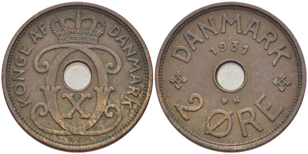 ДАНИЯ 2 ЭРЕ 1931 N; GJ, КРИСТИАН X (1912-1947) KM 827.2 бронза 67-244