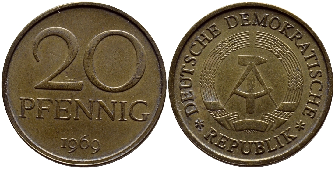 ГДР 20 пфеннигов 1969 А, первый год KM 11 латунь UNC 4398-153