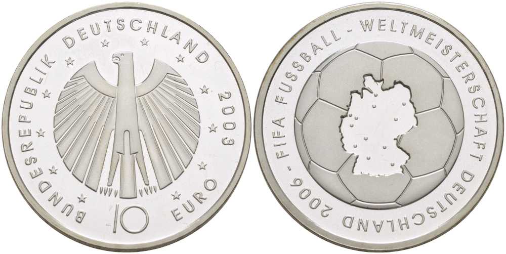 ФРГ 10 евро 2003 чемпионат мира по футболу 2006 года в Германии, первая монета KM 223, DE.S. 10.8 серебро PROOF 413-5631