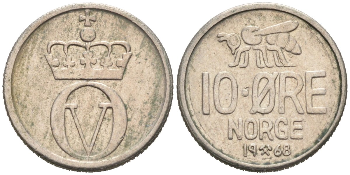 Норвегия 10 эре 1968 пчела, Улаф V (1958-1991) KM 411 медно-никель 4567-944
