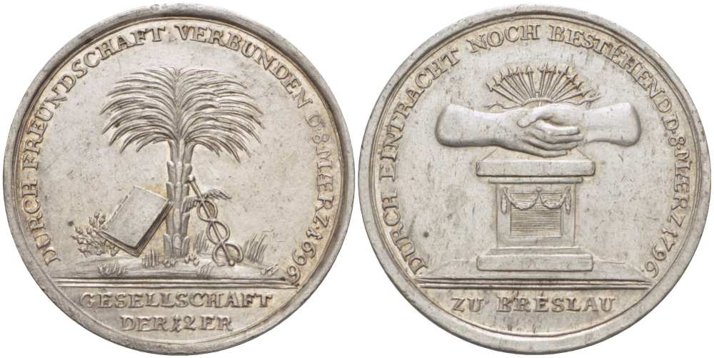 Германия медаль 1796 связаны дружбой с 8 марта 1696, 100 - летие союзу двенадцати в Бреслау, диаметр 35,5 мм., вес 14,85 гр. серебро 1084-4-14