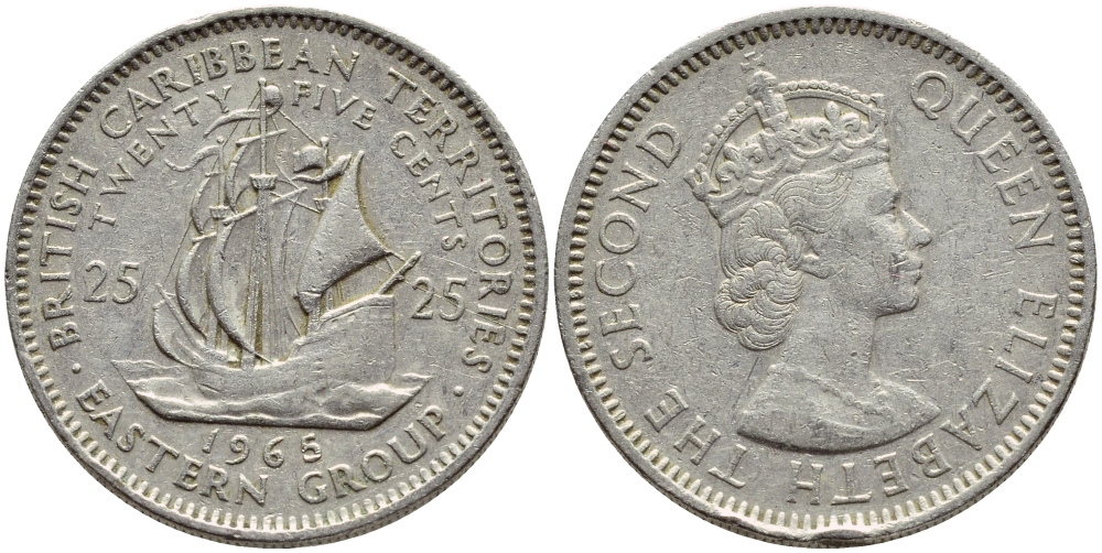 Британские Восточно-Карибские территории 25 центов 1965 Елизавета II (1952-2022), парусник KM 6 медно-никель 83-1742