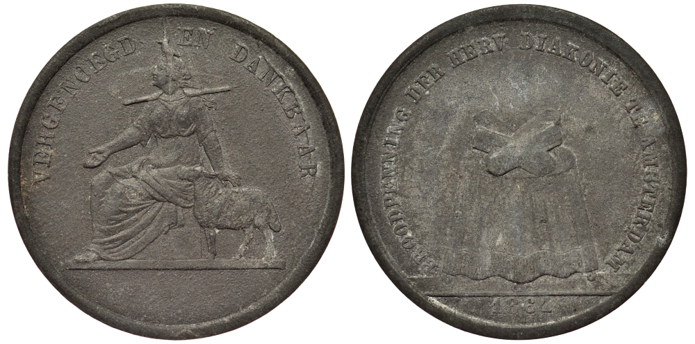 Нидерланды, Амстердам хлебный жетон (на покупку еды) с тремяи буханками 1861 Женщина с протянутой рукой в ​​компании овцы, стол с 3 буханками, диаметр 28 мм, вес 5,36 гр Kooij BR003.3 цинк 1516-1643