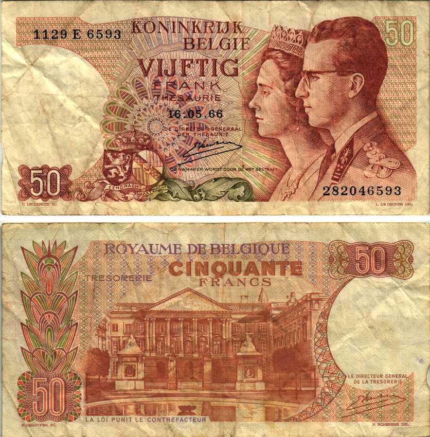 БЕЛЬГИЯ 50 ФРАНКОВ 1966 16 МАЯ 1966, ПОДПИСЬ 20, КОРОЛЬ БОДУЭН И КОРОЛЕВА ФАБИОЛА Pick 139 бумага 7486-47-2-1