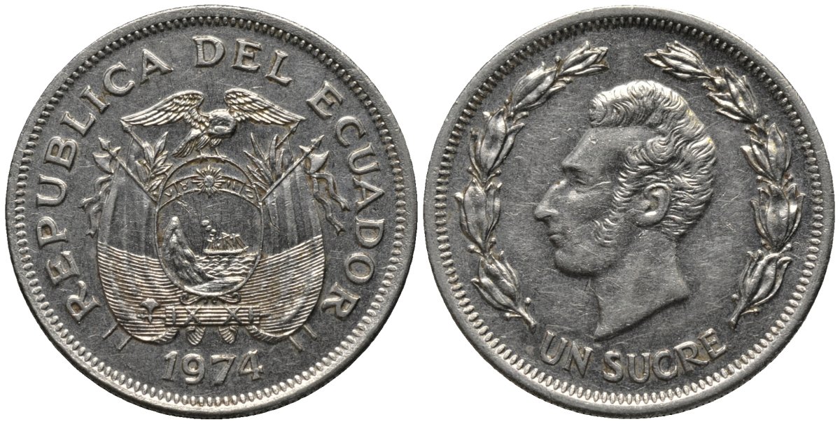 Эквадор 1 сукре 1974 KM 83 никелированная сталь 4577-1114