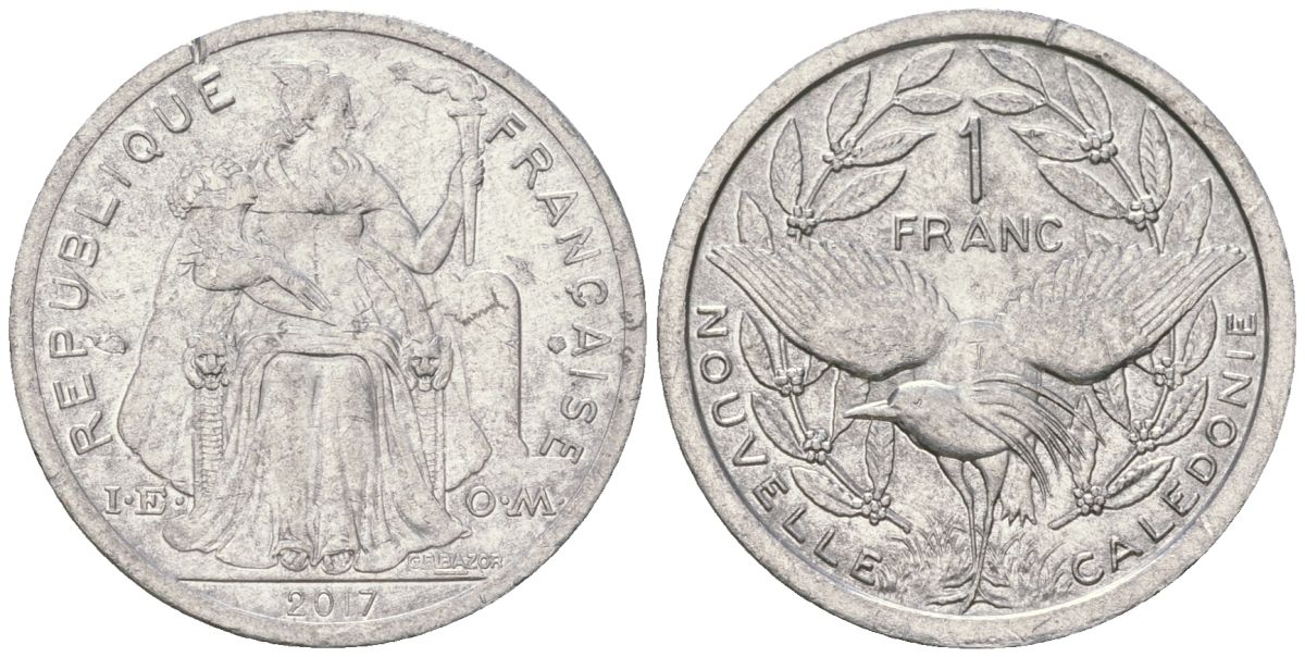 Французская Новая Каледония 1 франк 2017 птица кагу, (IEOM) KM 10, Schoen 10 алюминий 33-1226