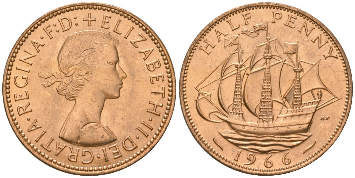 Великобритания 1/2 пенни 1966 Елизавета II (1952-2022) KM 896, Spink 4158 бронза 4163-1215