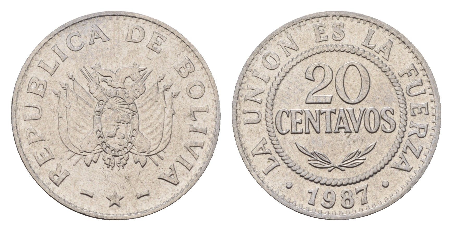 Боливия 20 сентаво 1987 KM 203 нержавеющая сталь UNC 4114-1051