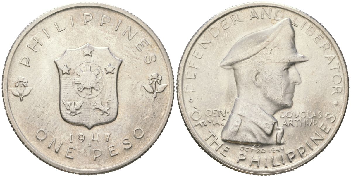 Филиппины 1 песо 1947 Генерал Дуглас Макартур KM 185 серебро aUNC 1530-825