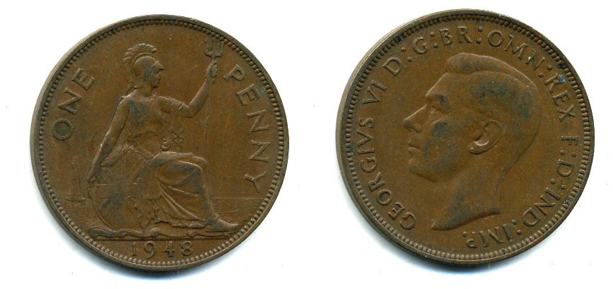 Великобритания 1 пенни 1948 Георг VI (1936-1952) KM 845, Spink 4114 бронза 57-153
