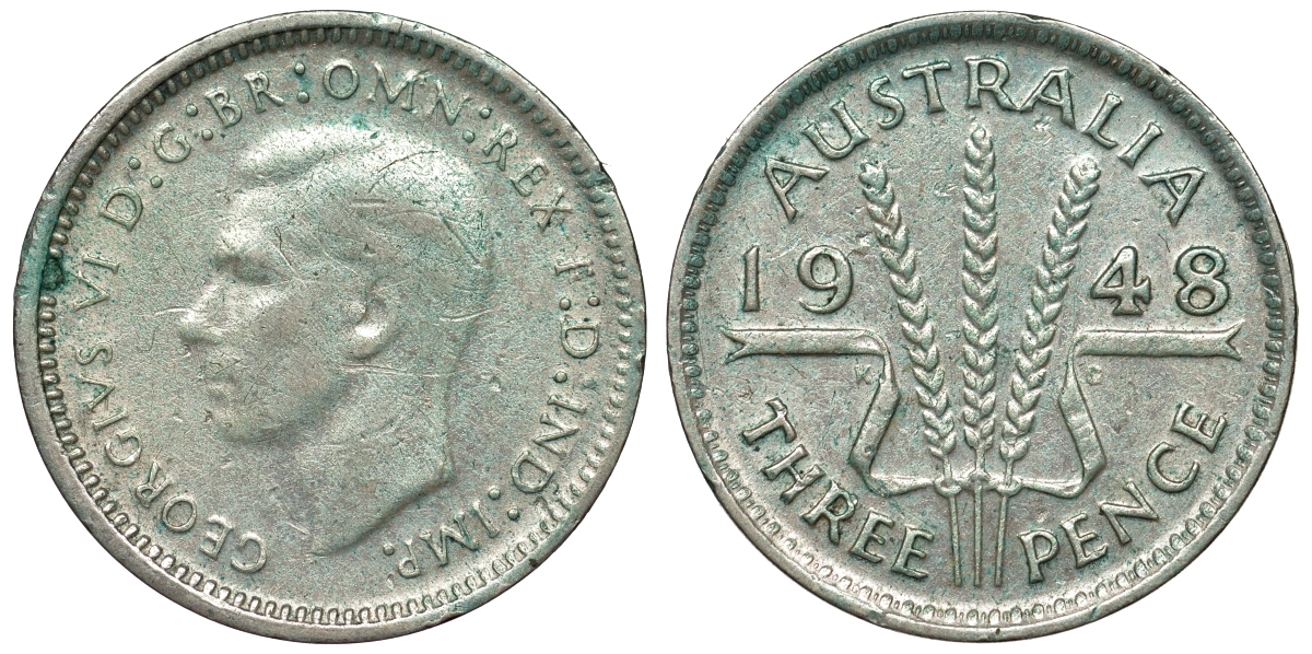 Австралия 3 пенса 1948 m, Георг VI (1937-1952), без букв KM 37a серебро 71-217