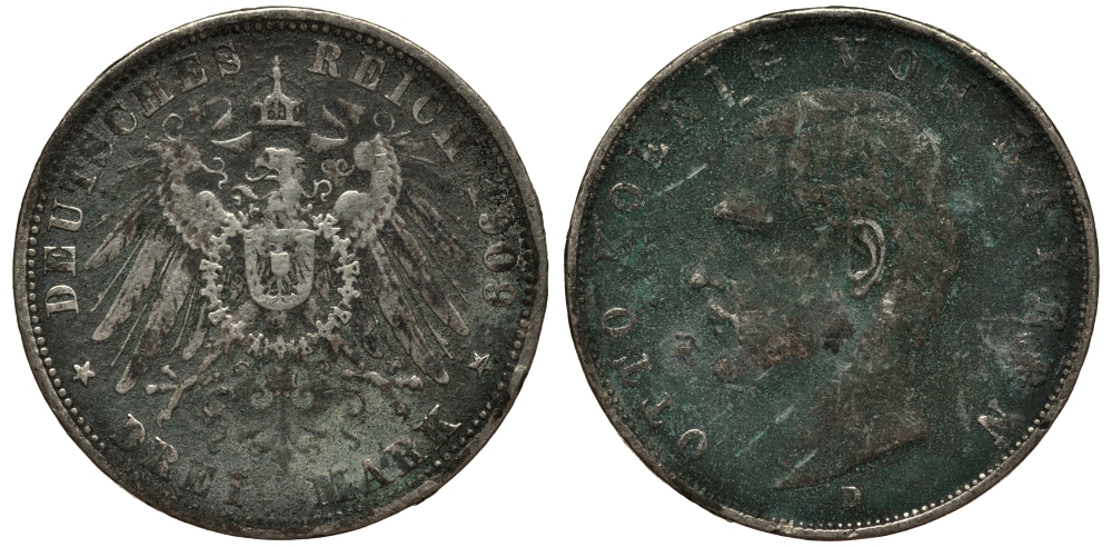 Бавария 3 марки 1909 Отто (1886-1913) Weege 45, J. 47, KM 515 серебро 3711-1844