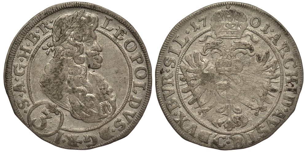 Австрия 3 крейцера 1701 СВ, Леопольд (1657-1705), монетный двор Бреслау, дом Габсбургов, вес 1,514 гр. F.u.S. 760, Herinek 1571. серебро 1516-713