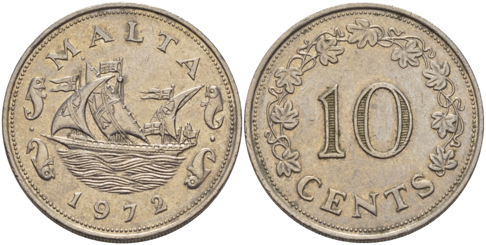 Мальта 10 центов 1972 баржа Великого магистра KM 11 медно-никель 82-423