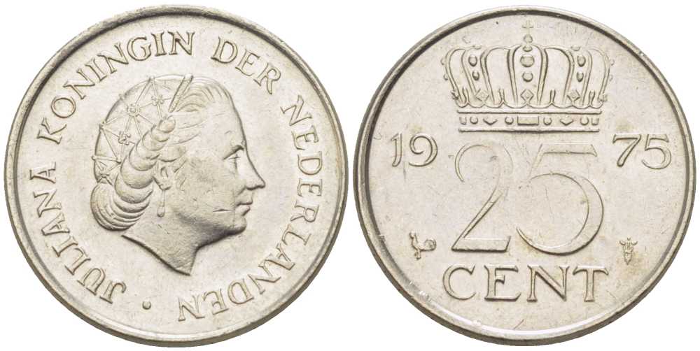 Нидерланды 25 центов 1975 Юлиана (1949-1980) KM 183 никель 214-968