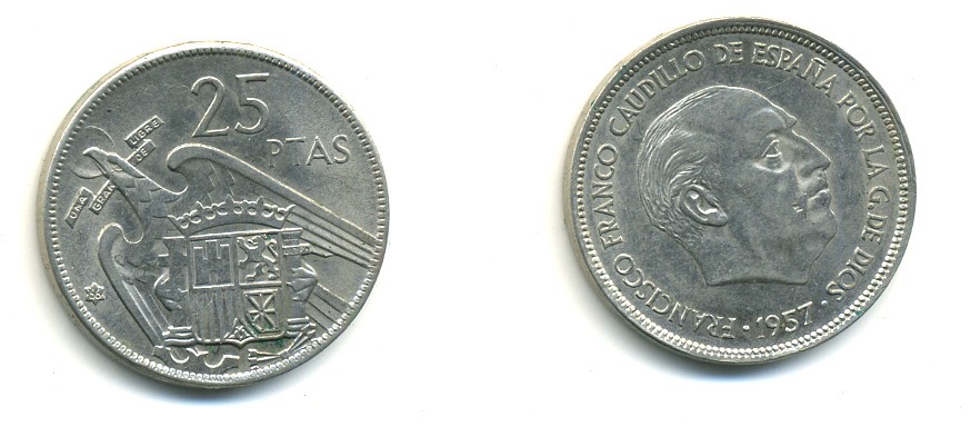 ИСПАНИЯ 25 ПЕСЕТ 1957 (66) ФРАНСИСКО ФРАНКО ДИКТАТОР ИСПАНИИ (1939-1975) KM 786 медно-никель 80-1144