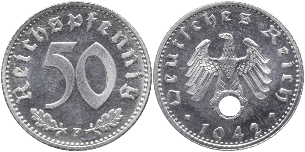 Германия 50 рейхспфеннигов 1942 F KM 96, J. 372 алюминий UNC 413-4411