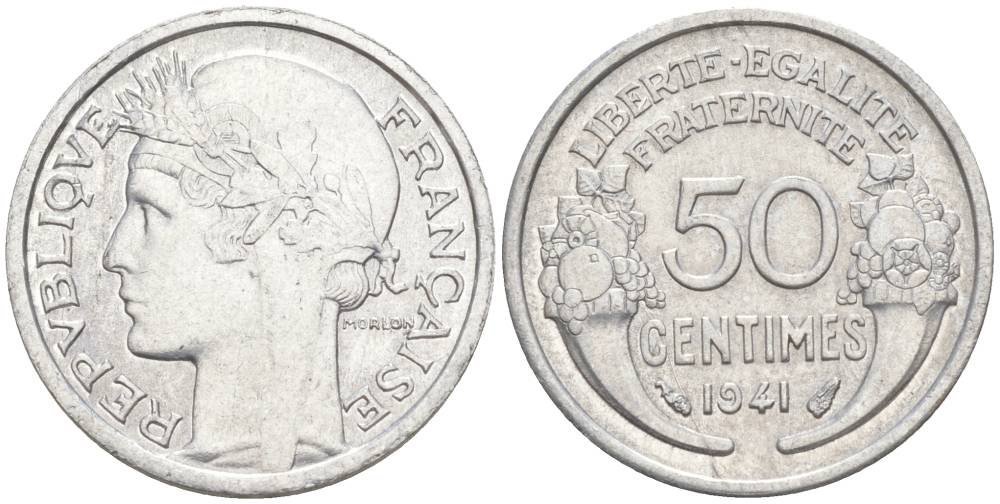 ФРАНЦИЯ 50 САНТИМОВ 1941 ТИП MORLON LOURDE KM 894.1a, LE FRANC 193.2 алюминий 44-322