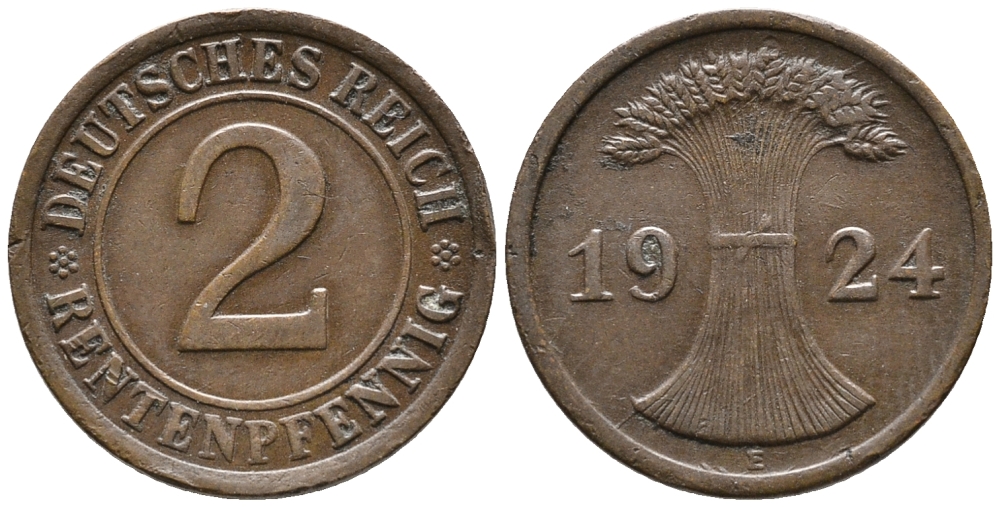 ГЕРМАНИЯ 2 РЕНТЕНПФЕННИГА 1924 E KM 31, J. 307 бронза 24-543