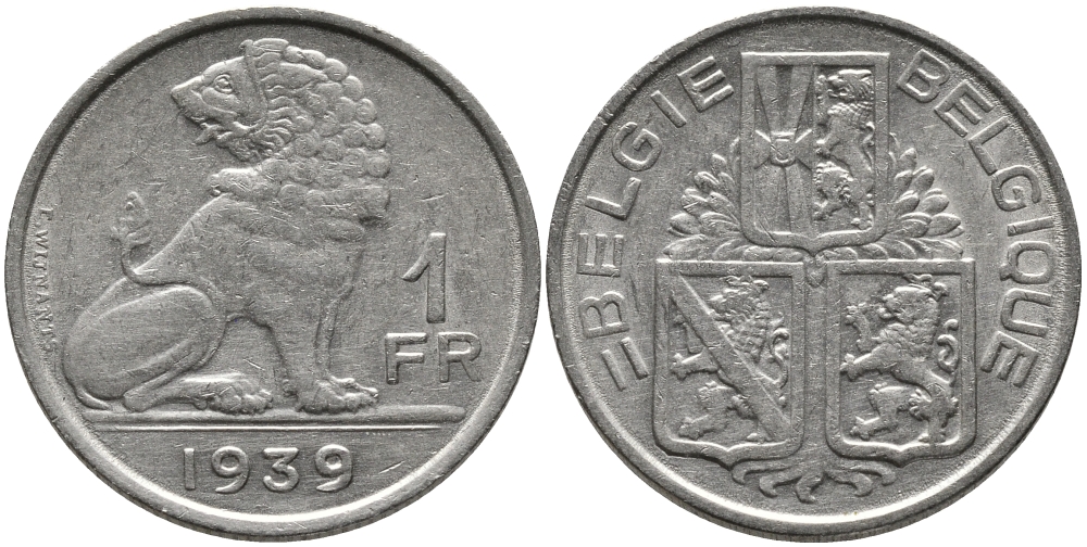 БЕЛЬГИЯ 1 ФРАНК 1939 BELGIE-BELGIQUE KM 120 никель 4384-936