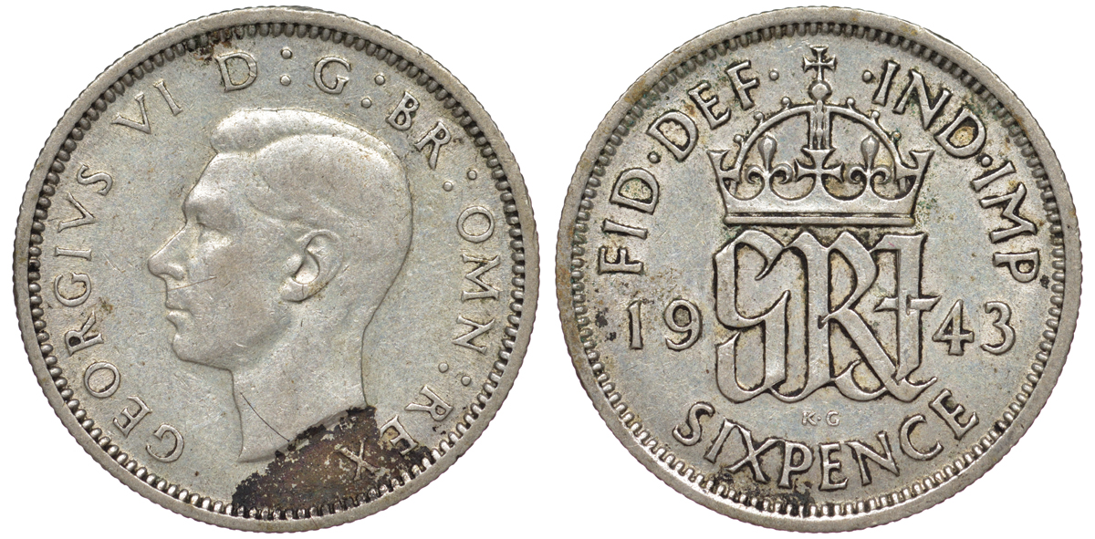 Великобритания 6 пенсов 1943 Георг VI (1936-1952) KM 852, Spink 4084 серебро 4178-349