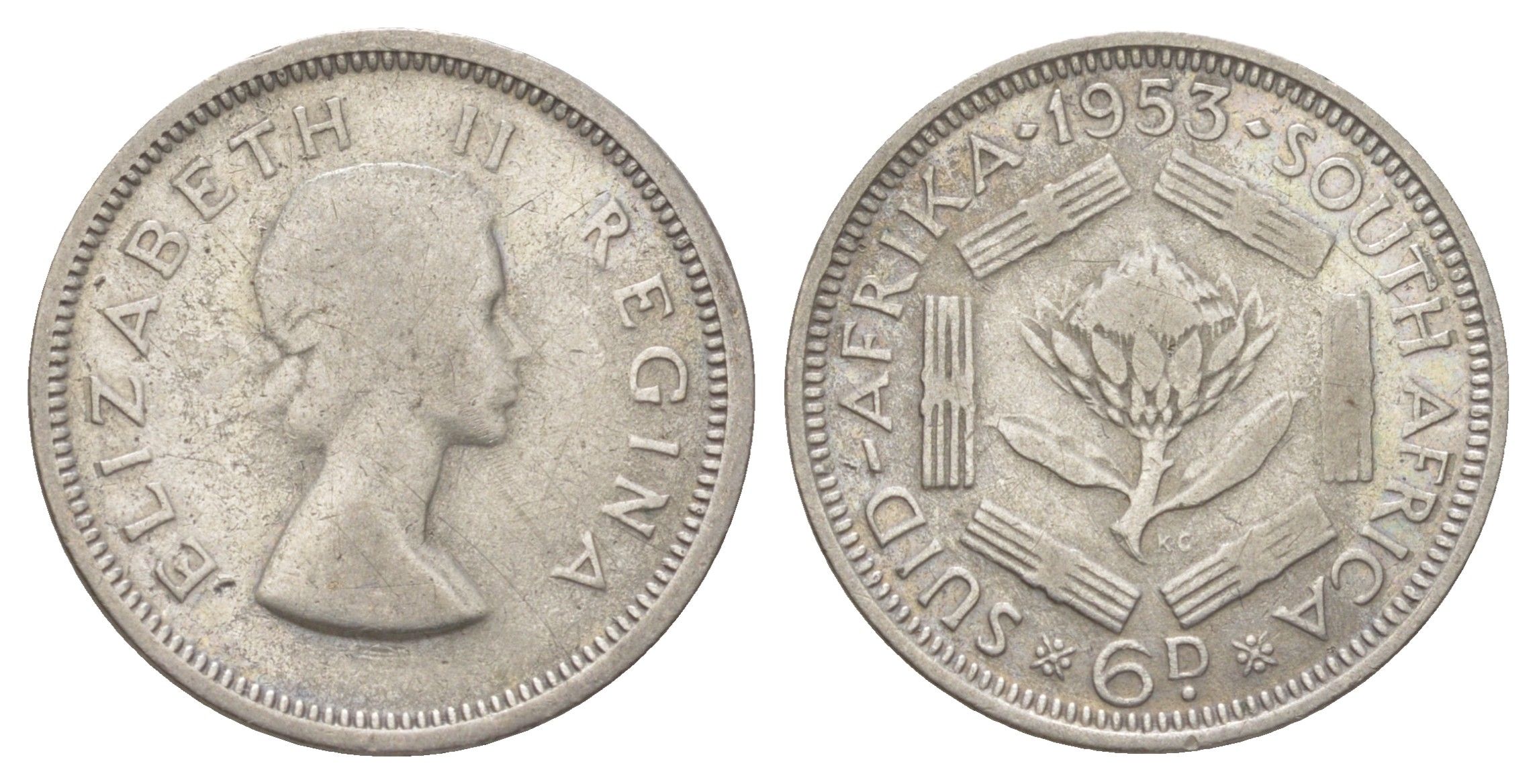 ЮАР 6 пенсов 1953 KM 48 серебро 4617-232