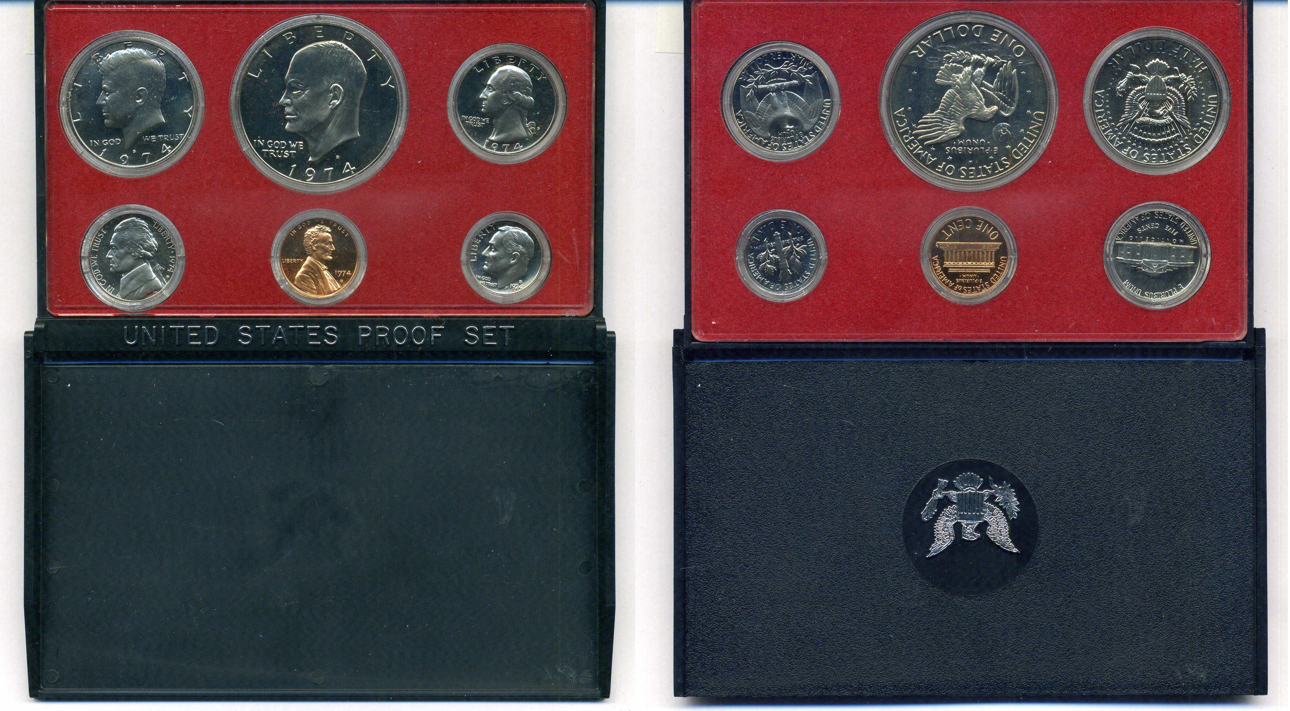 США годовой набор из 6 монет (1, 5, 10, 25 и 50 центов; 1 доллар) 1974 в оригинальной упаковке KM PS137 (164a, A192, 195a, 201, 202b и 203a) PROOF 8-2-02-23