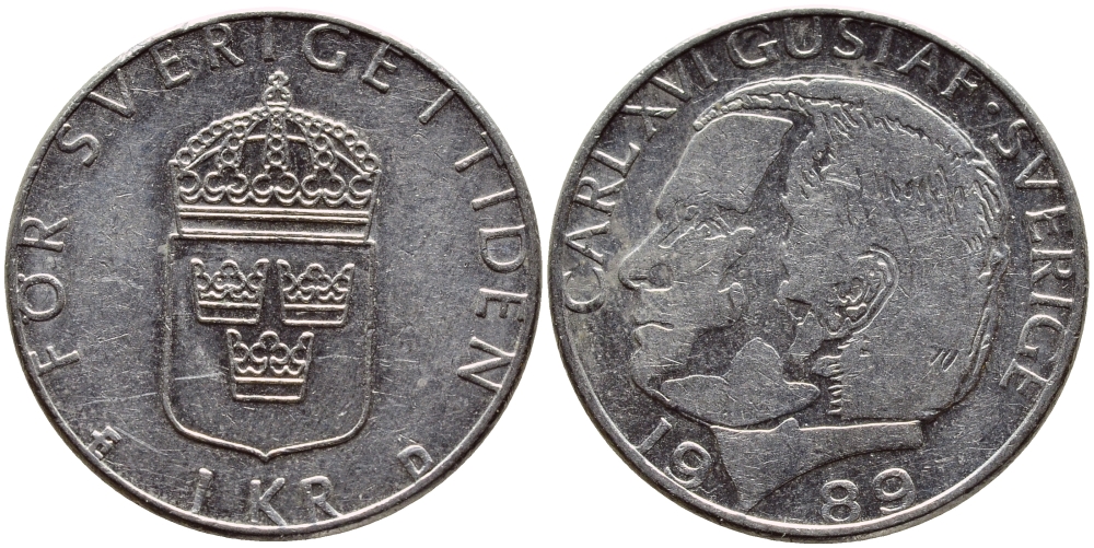 Швеция 1 крона 1989 Карл XVI Густав (1973- ) KM 852a медно-никель 4397-1244