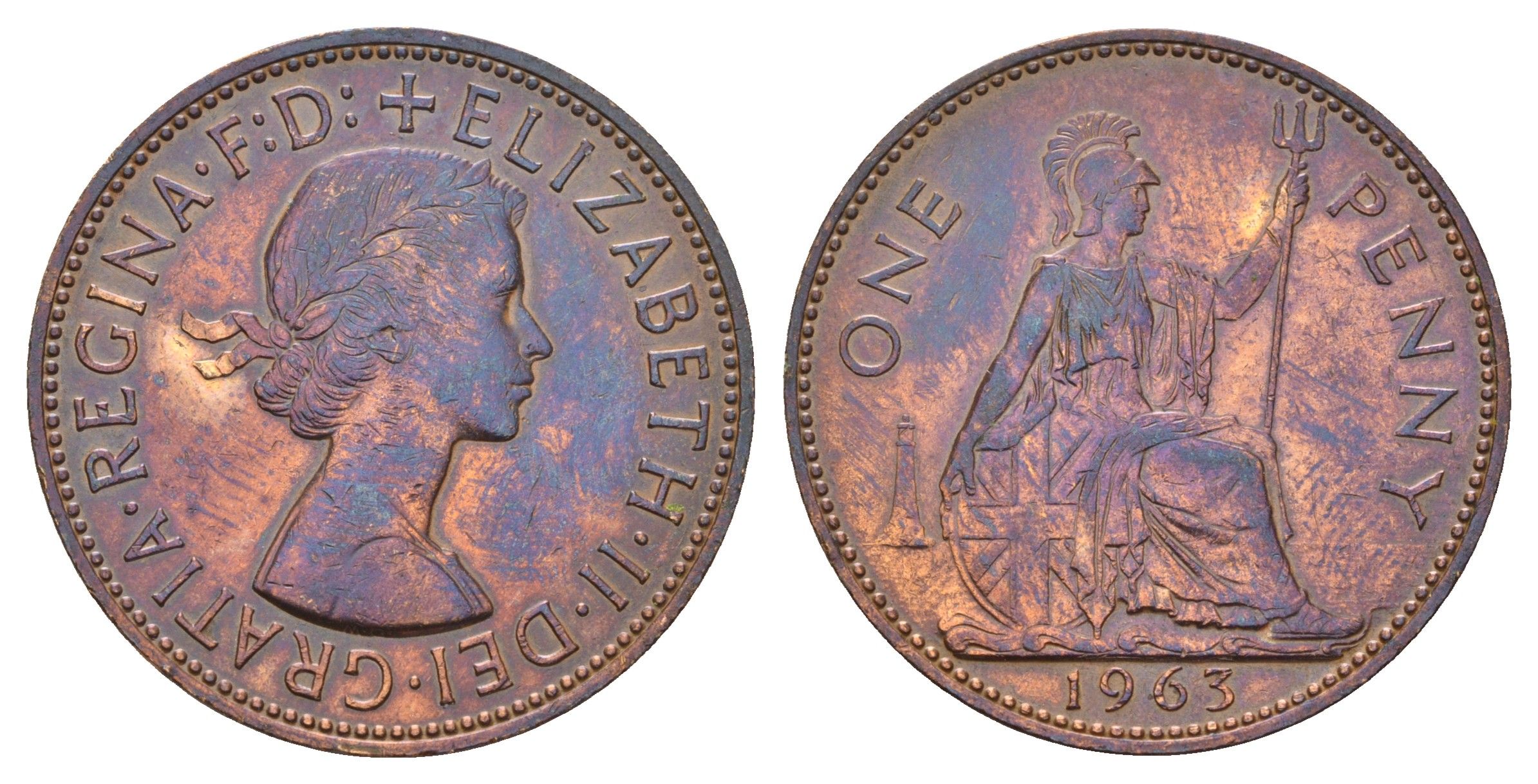 Великобритания 1 пенни 1963 Елизавета II (1952-2022) KM 897, Spink 4157 бронза 3855-322