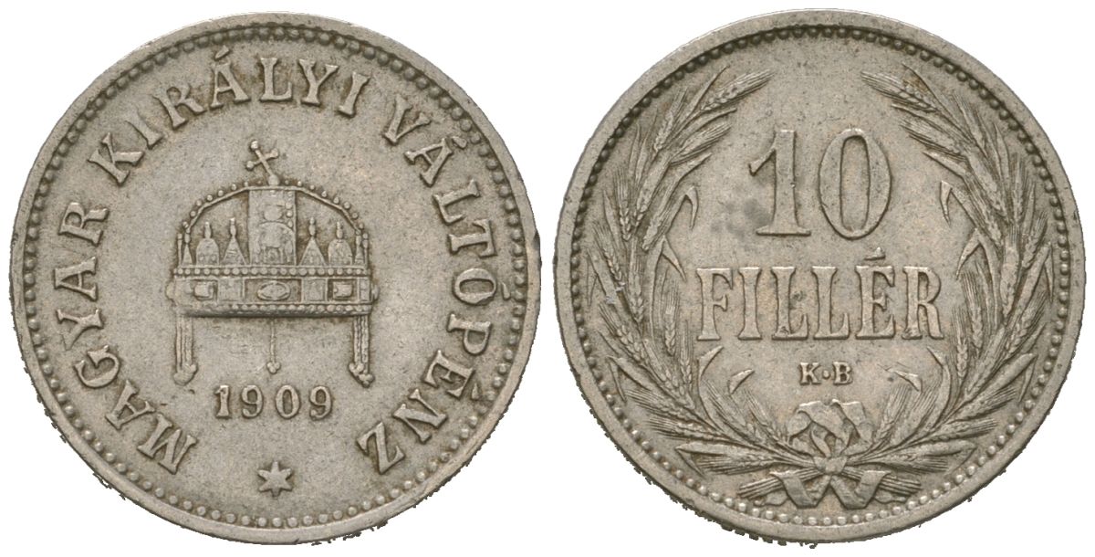 Венгрия 10 филлеров 1909 KM 482 никель 4615-533