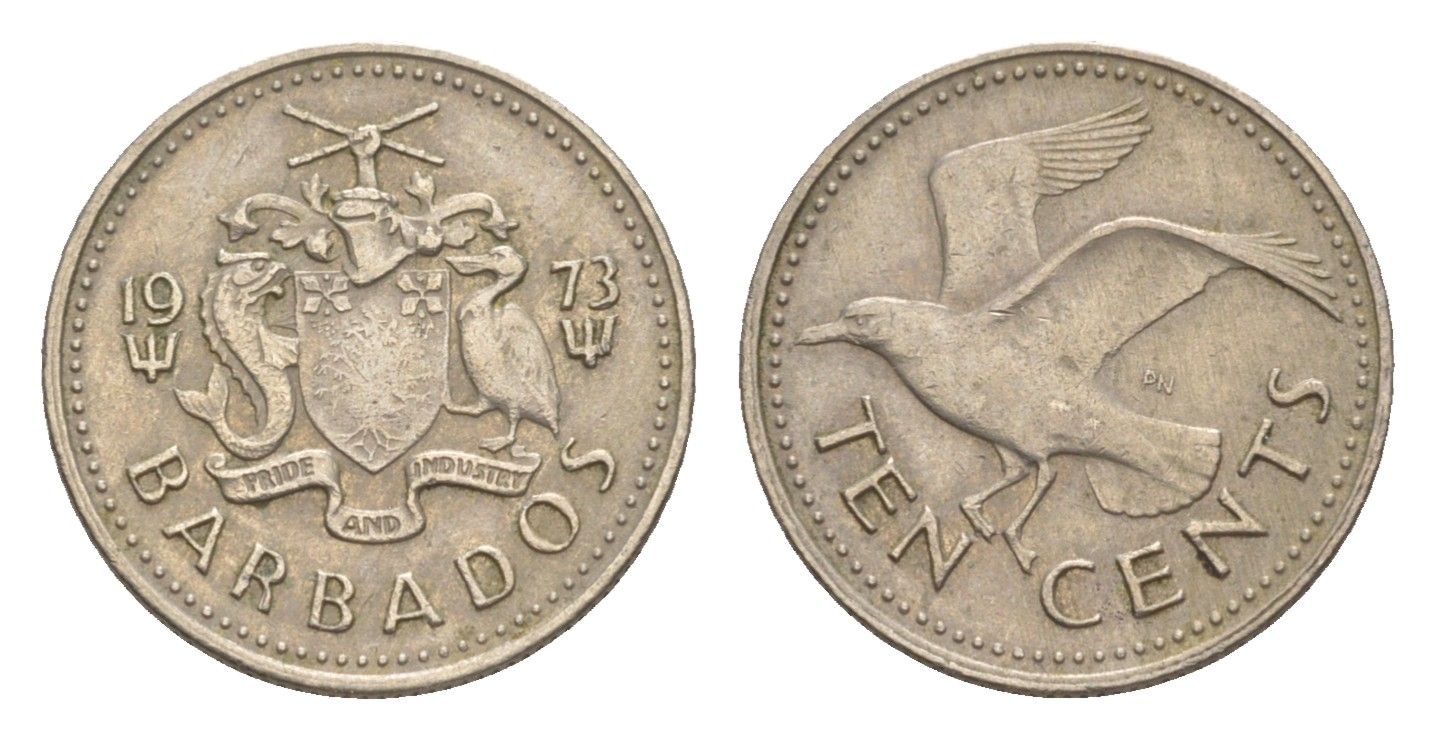 Барбадос 10 центов 1973 смеющаяся (Ацтекская) чайка KM 12 медно-никель 4644-611