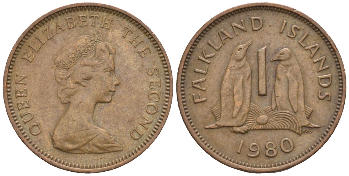 Фолклендские острова 1 пенни 1980 Елизавета II (1952-2022), папуанский пингвин KM 2 бронза 220-869