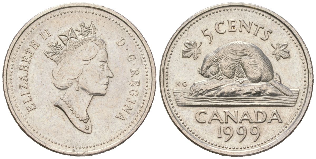 Канада 5 центов 1999 Елизавета II (1952-2022), бобер KM 182 медно-никель UNC 4385-855