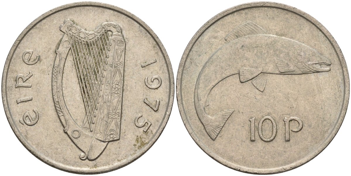 Ирландия 10 пенсов 1975 лосось KM 23 медно-никель 4144-1022
