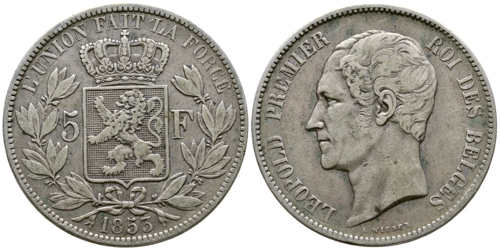 Бельгия 5 франков 1853 Леопольд I (1831-1865) KM 17 серебро 00-1067-5-53