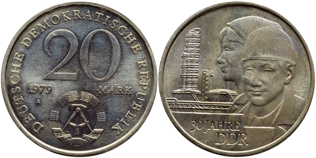 ГДР 20 марок 1979 A, 30 лет образования ГДР J. 1573, KM 75 медь никель цинк UNC 4389-146