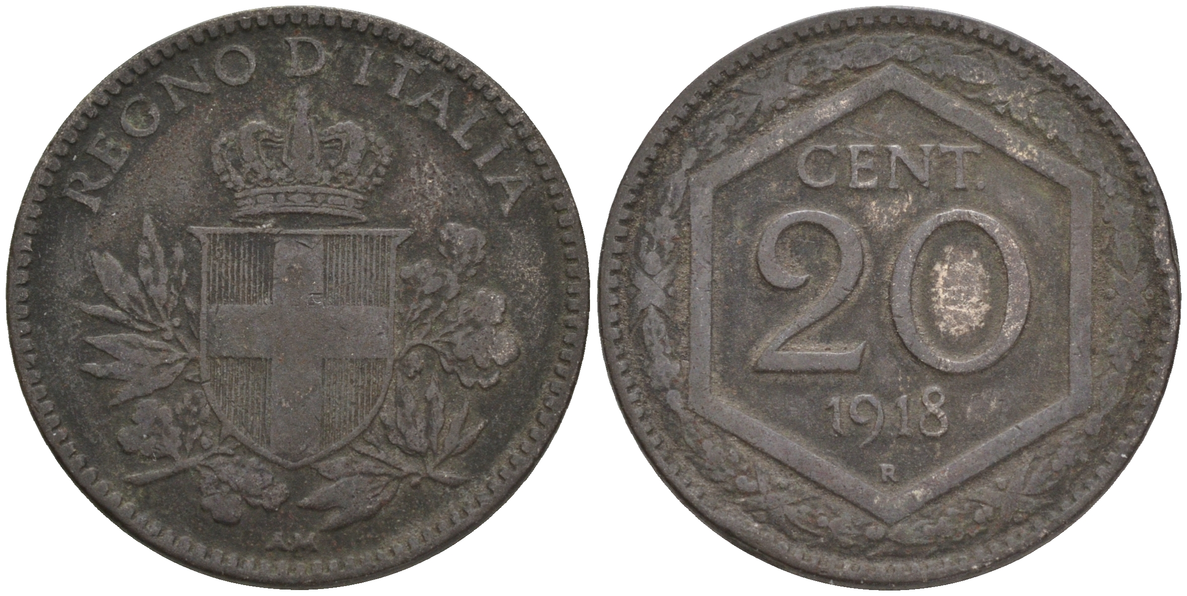 ИТАЛИЯ 20 ЧЕНТЕЗИМО 1918 R, ВИТОРИО ИМАНУИЛ III KM 58 медно-никель 4556-251