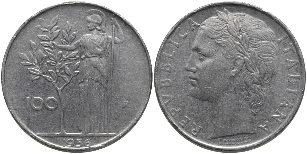 ИТАЛИЯ 100 ЛИР 1956 R, АФИНА KM 96.1 нержавеющая сталь 32-243