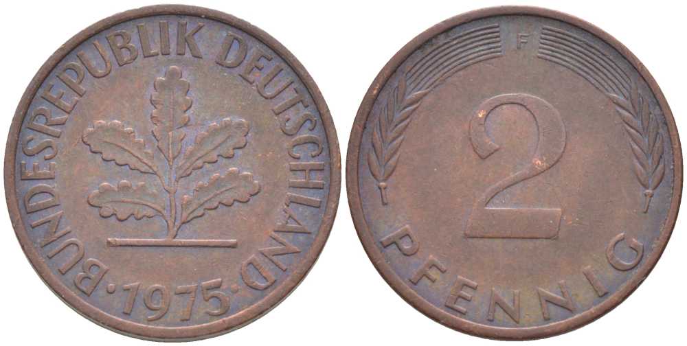 ФРГ 2 ПФЕННИГА 1975 F KM 106a, J. 381a сталь плакированная сталь плакированная медьюю 116-331