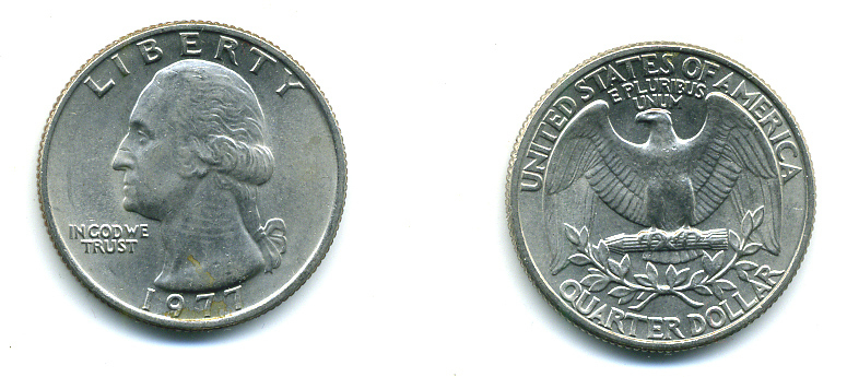 США 25 центов (квотер) 1977 Вашингтон KM A164a медь плакированная медно-никелем UNC 59-1525