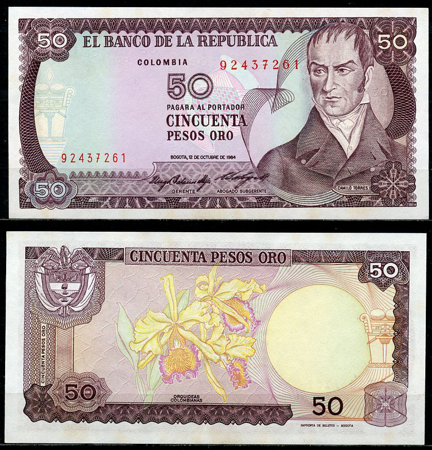 Колумбия 50 песо 1984 Камило Торрес Тенорио, орхидеи  Pick 425 a  бумага  UNC (пресс) 447-74-3