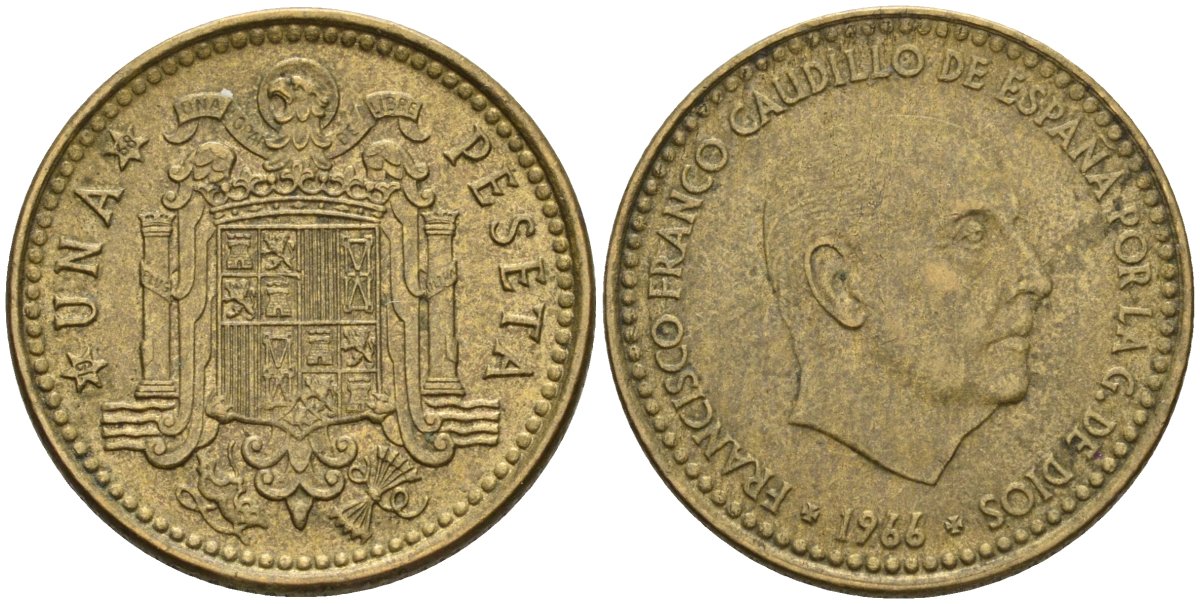 Испания 1 песета 1966 (68) Франсиско Франко (1939-1975) KM 796 алюминиевая бронза 3336-1242