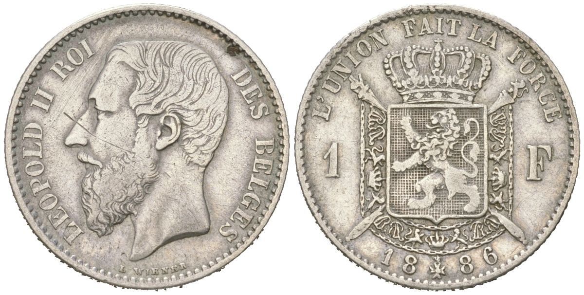 Бельгия 1 франк 1886 Альберт I (1909-1934), DES BELGES KM 28 серебро 63-743
